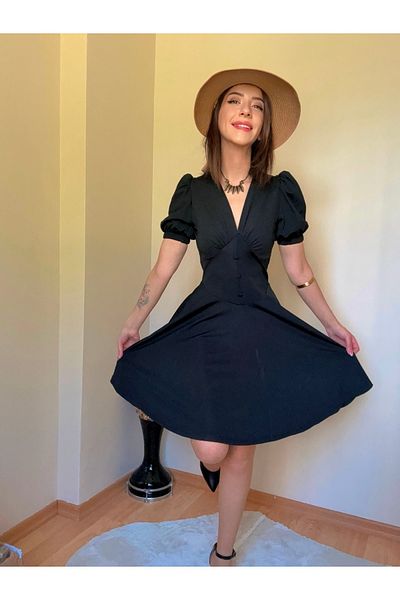 CCTWEAR V Neck Button Detailed Watermelon Sleeve Crepe Dress
