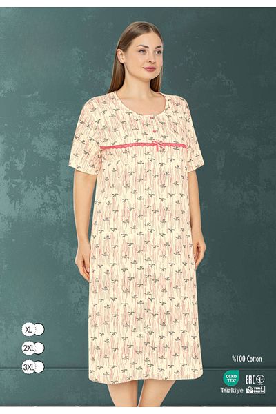 MİSS LOLİTA Women's Plus Size Print 100% Cotton Short Sleeve Nightgown 514-B