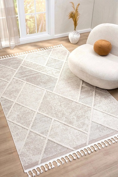 Eliz Home Krem Bej Modern Püsküllü Dokuma Halı Oturma Odası Salon Halısı