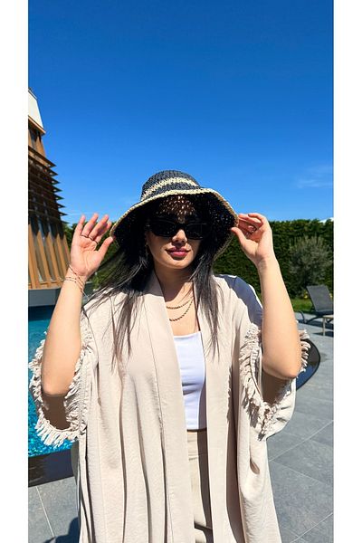 Luminos Butik Black Hand Knitted Straw Beach Hat - Wide Brim Crossing Detail Sun Protection Hat Hsr2099