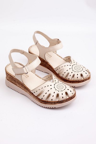 Melek Tuna Women's Genuine Leather Closed-Front Orthopedic Sandals, Wedge Heel Sandals