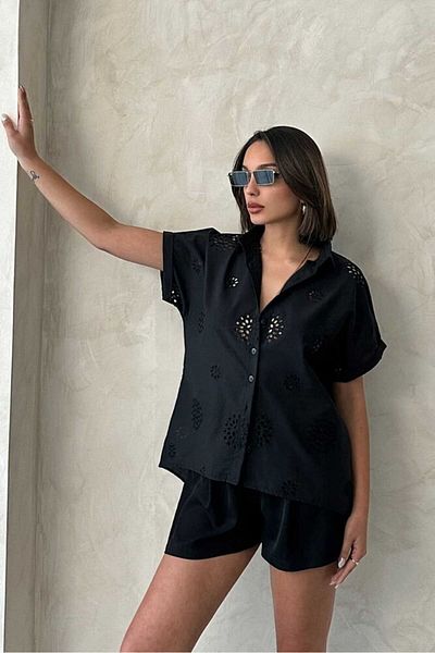 SUN STYLE Brode Detaliu broderie Cămașă din bumbac cu mânecă scurtă