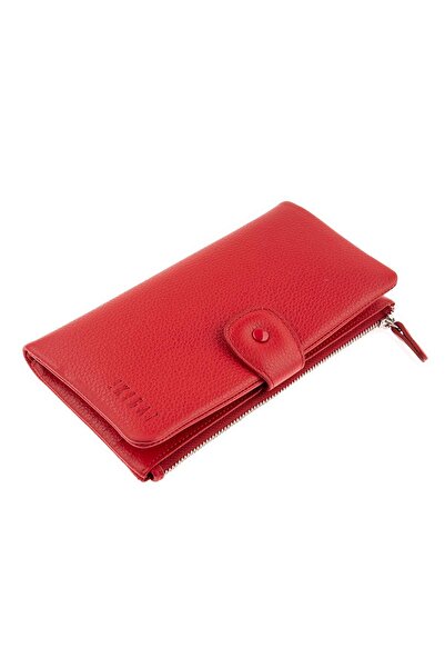 Deriderim Kırmızı Fermuarlı Bölümlü Bol Kartlıklı Kağıt para Bölümlü Uzun Çıtçıt Kapamalı Kadın Deri Cüzdan