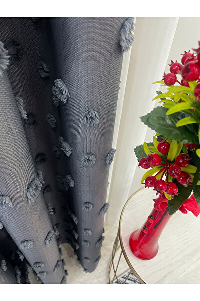 Brillant Dark Gray Color Pompom Pufy Background Curtain 1/3 Sik Pleat