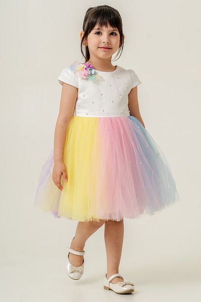Eray Kids Κοριτσίστικο καλοκαιρινό φόρεμα πολύχρωμο ματ σατέν με πέρλες τούλι λουλούδι με λεπτομέρειες 3-6 ετών