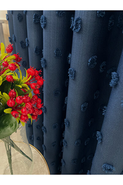 Brillant Navy Blue Color Pompom Pufy Background Curtain 1/3 Sik Pleat