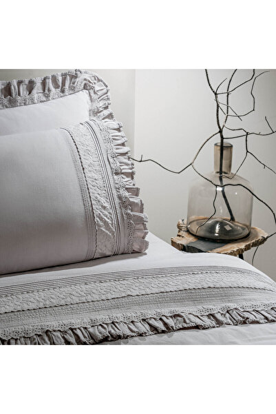 Ecocotton Adelya Double Duvet Cover Set 100% Organic Cotton Linen Brodeled Gray 200X220 cm