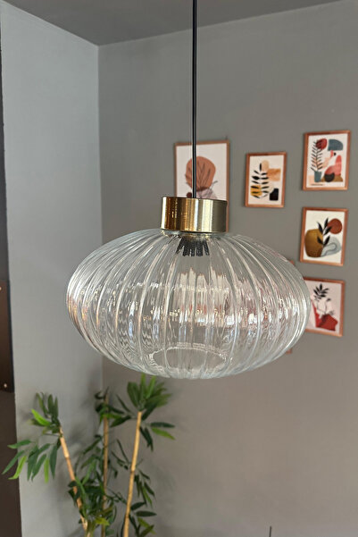 Bamyum Elegant Şeffaf Cam Tekli Avize Plafonyer Rozans Başlık Sarkıt Lamba Restoran Salon Aydınlatma