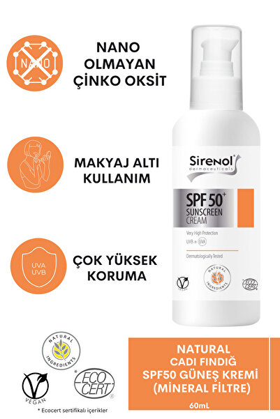 Sirenol Natural Cadı Fındığı Spf50 Güneş Kremi (MİNERAL FİLTRE) 60 ml