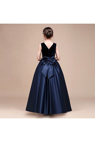 MadyaButik Girls Navy Blue Crew Neck Velvet Evening Dress Dress Skirt Satin Dress