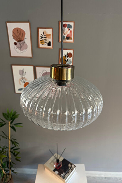 Bamyum Elegant Şeffaf Cam Tekli Avize Plafonyer Rozans Başlık Sarkıt Lamba Restoran Salon Aydınlatma