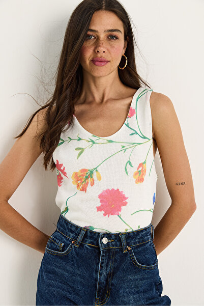 Bianco Lucci Women's Patterned Thick Strap Digital Printed Regular Summer Knitted Blouse 60282017