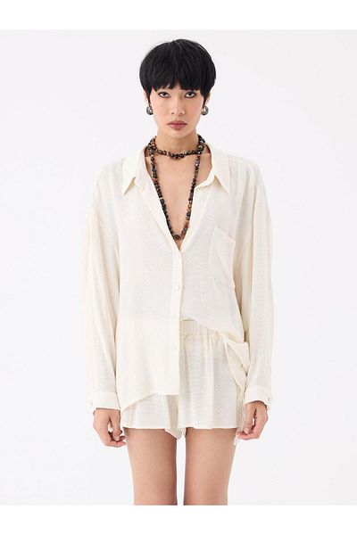RİVUS Loose Cut Long Shirt with Pocket Detail - Ecru