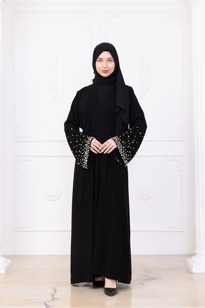 Marles عباية بحزام مطرز باللؤلؤ والحجر مع فستان داخلي أسود - Ferace