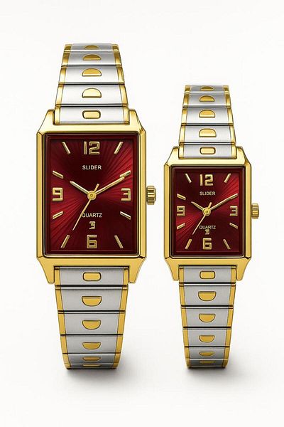 style iconic SLIDER Red Dial Two-Tone Couple Watch Set – Gold & Silver Finish | Fade-Proof | 1-Year Guarantee