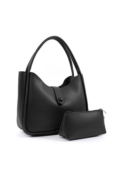 SHAKA Black Shk79 Leather Button Detailed Snap Fastener Makeup Bag Handle and Shoulder Bag