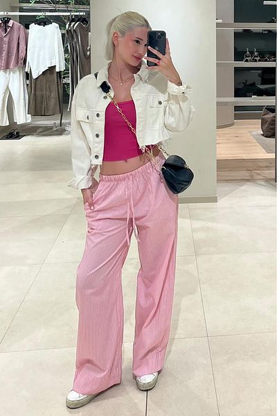 Madmext Fuchsia Adjustable Waist Wide Leg Flowy Striped Trousers Mg2087