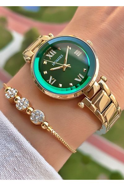 Homies Gold Colored Waterproof Women's Wristwatch and Bracelet Gift