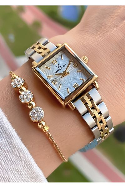 Daniel Klein Yellow Silver Colored Women's Wristwatch and Bracelet Gift