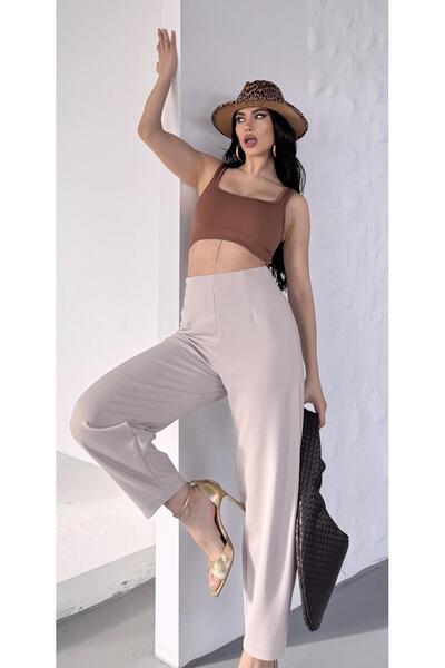 Paw Garage Kadın Bernis Bej Balon Pantolon, Beli Lastikli Şalvar Model Krep Balon Pantolon Basen Gizleyen