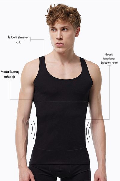 Malabadi Men's Black 2 Pack Belly Tightening Firming Non-Marking Modal Corset Undershirt 2m042