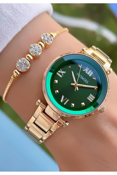 Homies Gold Colored Waterproof Women's Wristwatch and Bracelet Gift
