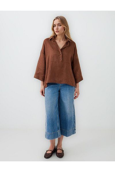 Jimmy Key Bitter Brown 100% Linen Relaxed Fit Three Quarter Sleeve Shirt Collar Blouse