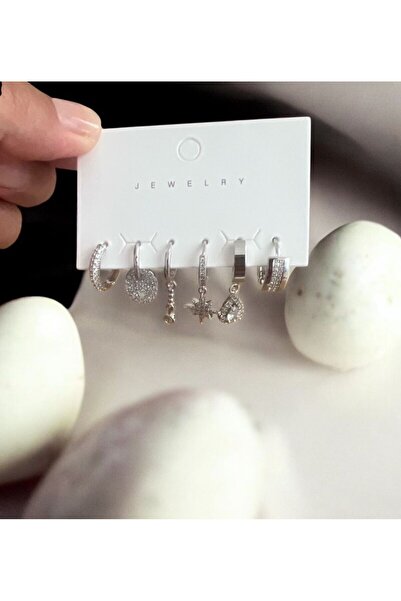 demirosa Set of 6 Silver Color Stone Minimal Hoop Earrings