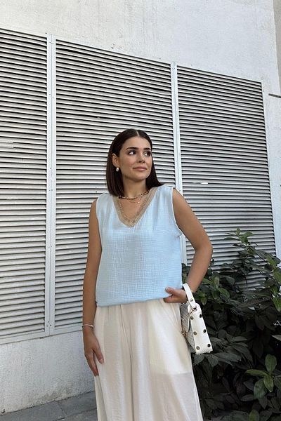 NEW LAVİVA Γυναικεία Μπλε Μουσελίνα Ψάθινη Λεπτομερής Μπλούζα - 700-3424
