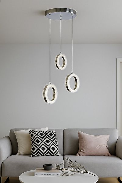 Fer Avize Işıl Chrome Modern Chandelier - 3-Piece Pendant Lamp Row Living Room and Kitchen Living Room