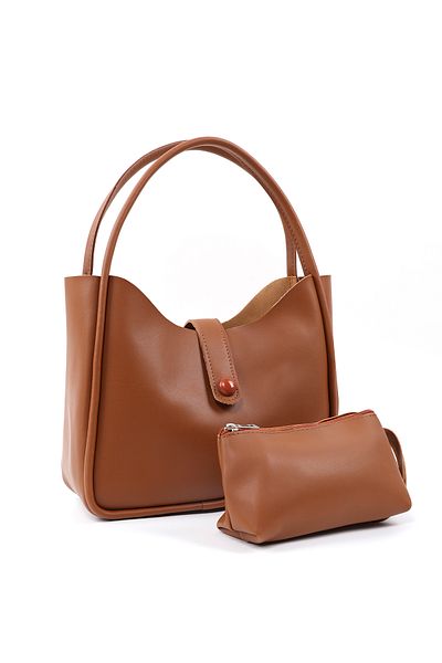 SHAKA Taba Shk79 Leather Button Detailed Hand and Shoulder Bag with Snap Fastener Makeup Bag E:30 L:22 W:10