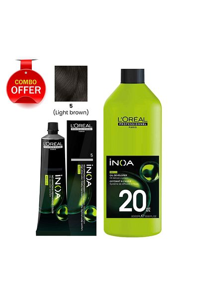 L'oreal L'ORÉAL INOA Ammonia-free Permanent Colour 5 Light Brown (1 Tube) 60ml and Loreal Oil Developer (10