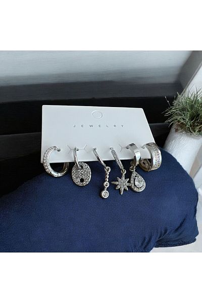 demirosa Set of 6 Silver Color Stone Minimal Hoop Earrings