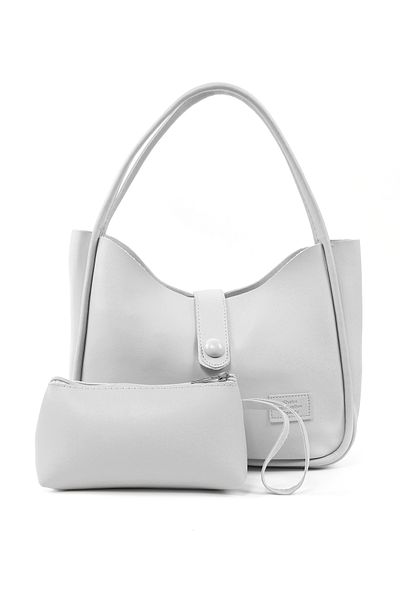SHAKA Gray Shk79 Leather Button Detailed Hand and Shoulder Bag with Snap Fastener Makeup Bag E:30 L:22 W:10