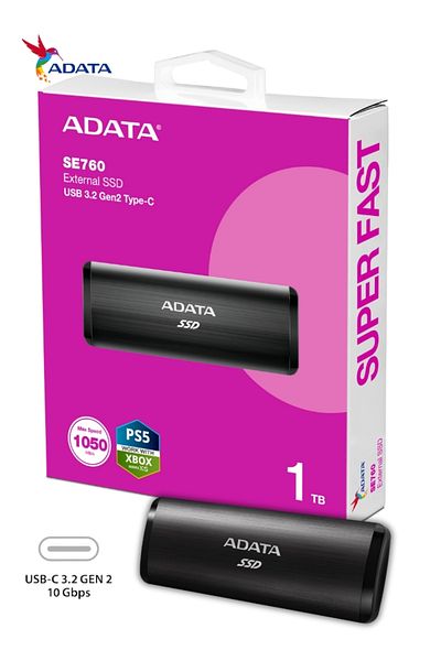 Adata SE760 1TB External SSD | Compatible with PS5 XBox Solid State Drive USB Type-C 3.2 Gen 2 | Black