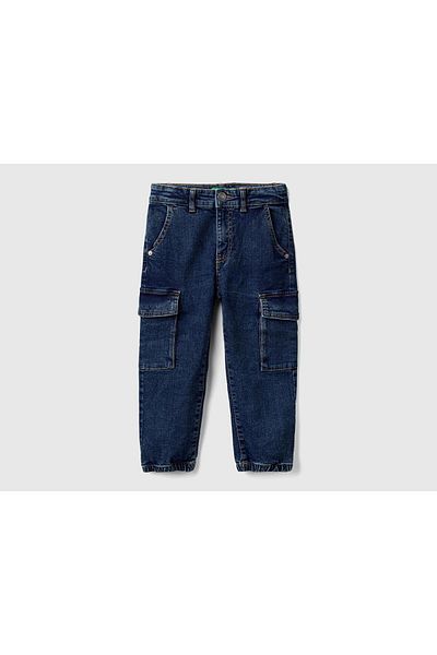 United Colors of Benetton Navy Blue Slim Fit Denim Cargo Pants - Boy, Patch Pocket and Belt Hole