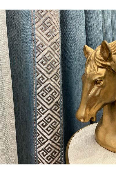 Brillant Jakarlı 1/3 Sık Pile Bordürlü Pano Desen Fon Perde Indigo Mavi