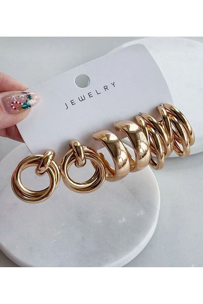 demirosa Multi-Ring Gold Color Earrings 3 Pairs