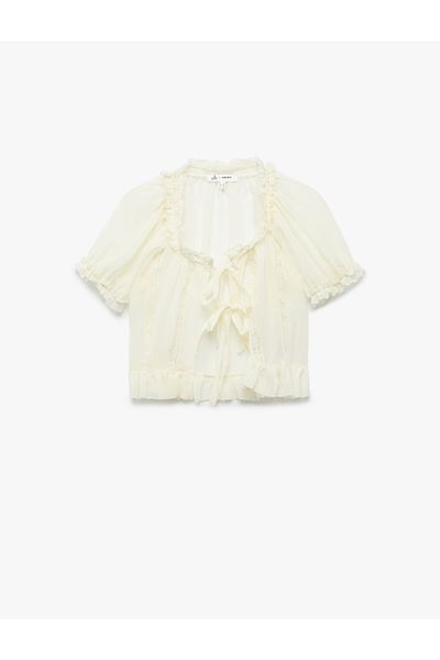Koton Lace Detailed Short Balloon Sleeve Tie-Up Bow Crop Blouse