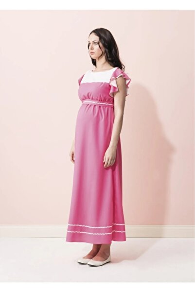 Desen Hamile Giyim Spor Kolları Fırfırlı Hamile Elbise