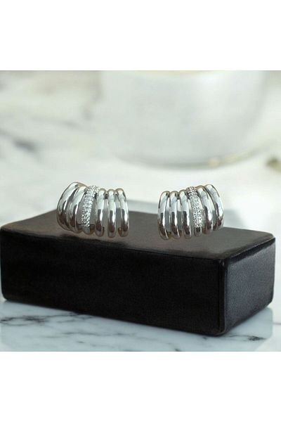 demirosa Stone Detailed Silver Color Hoop Earring Set