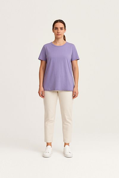 Cottonland Tricou LULU pentru femei, cu mânecă scurtă, cu decolteu O, din bumbac pieptănat, LILA