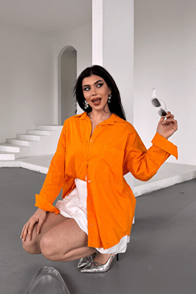 Paw Garage Γυναικείο πουκάμισο Marlot Orange oversized Linen, Καλοκαιρινή Συλλογή 2025