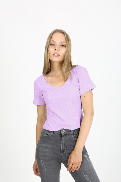 EDSA Lila V Yaka Kısa Kollu Kaşkorse Basic Kadın T-shirt