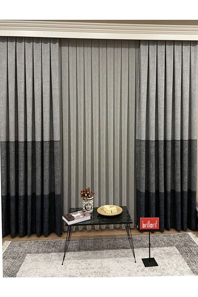 Brillant Patterned Linen Look Knit Detailed 1/2,50 Pleat Background Curtain