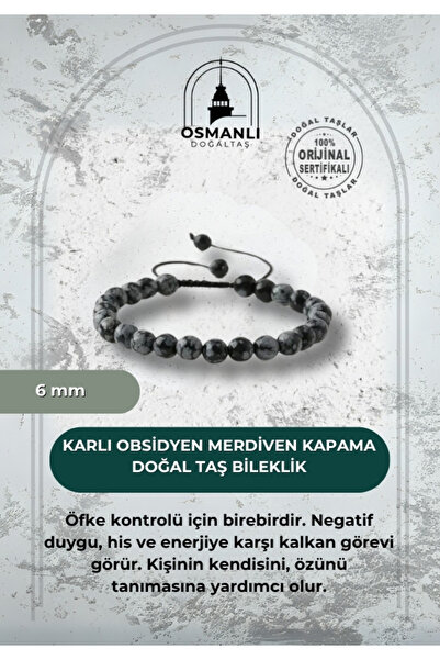 OSMANLI DOĞAL TAŞ Karlı Obsidyen 6mm Merdiven Kapama Doğal Taş Bileklik