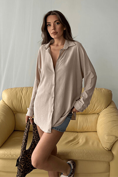 Paw Garage Γυναικείο καλοκαιρινό πουκάμισο Olivia Beige oversized Bürümcük Fabric