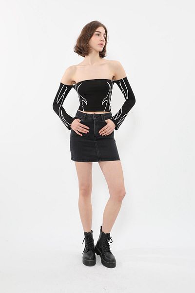 Bluewhite Fusta mini jeans antracit din Lycra de damă