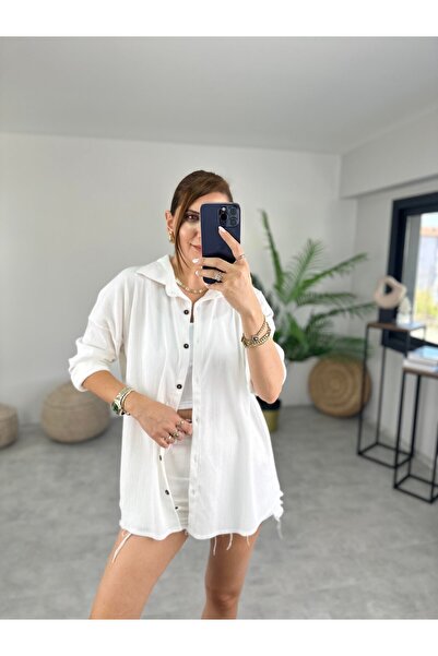 Paw Garage Cămașă de vară Olivia White supradimensionat Bürümcük Fabric pentru femei