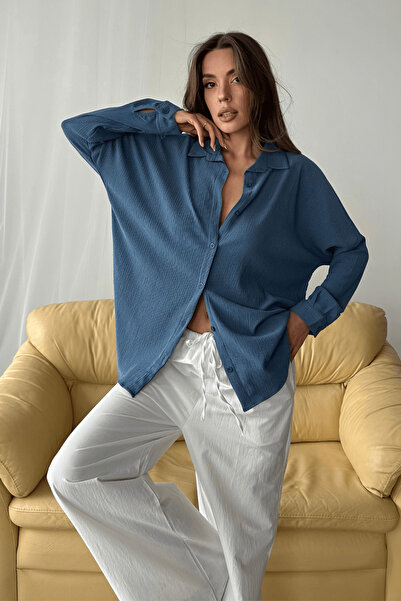 Paw Garage Γυναικείο καλοκαιρινό πουκάμισο Olivia Indigo oversized Bürümcük Fabric